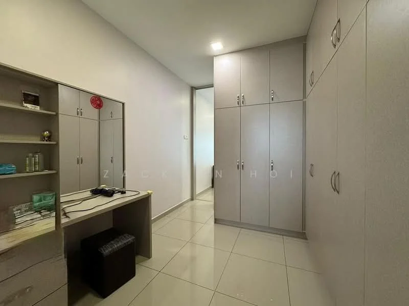Room features: light grey cabinetry, built-in wardrobes, desk with drawers, white walls, tile flooring, neutral colour scheme, recessed lighting, doorway leading to another room; style: modern.