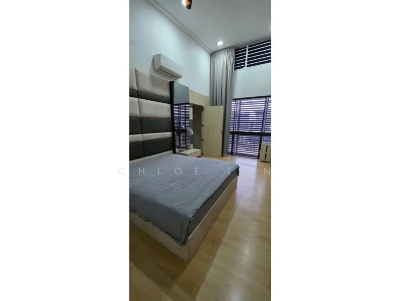 Bedroom features: king-size bed, upholstered headboard, wooden flooring, 1 wall-mounted split AC, floor-to-ceiling windows, blackout curtains, built-in wardrobe, decorative wall paneling, recessed downlights; style: modern.
