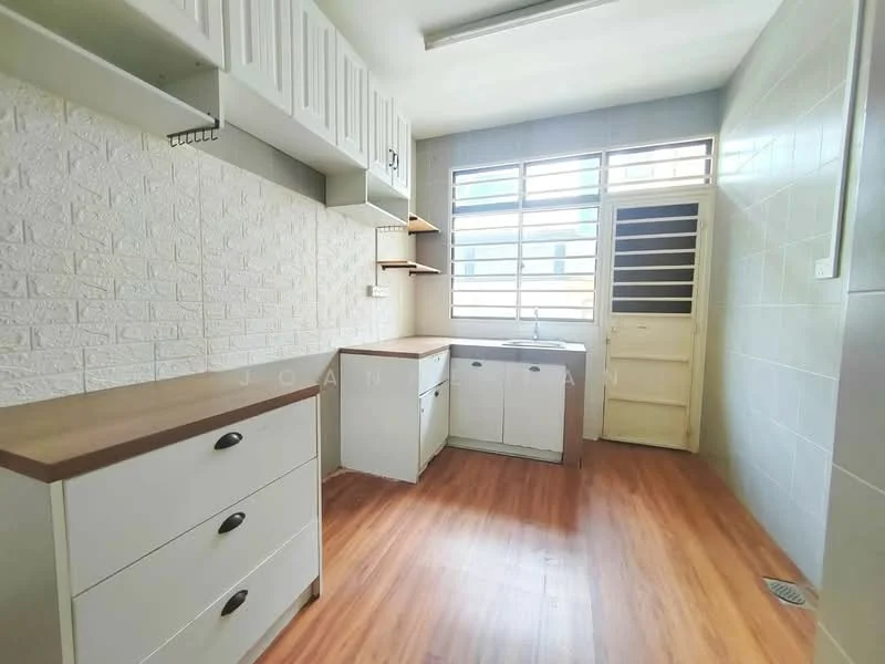 Kitchen features: laminate flooring, white cabinetry with flat-panel doors, wooden countertop, sink, window with horizontal bars, light grey tiled walls, open shelving, door leading outside; style: modern.