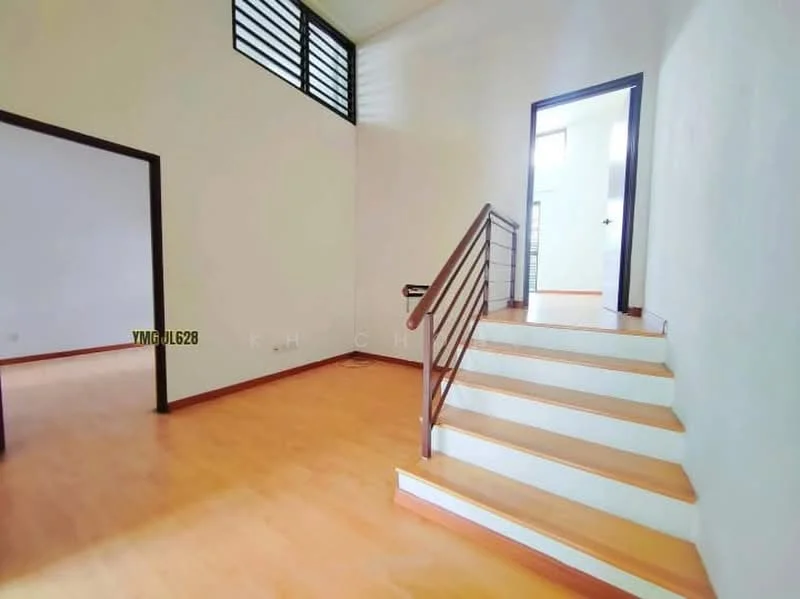 Room features: wooden flooring, white painted walls, staircase with metal railing, large windows with horizontal slats, doorway leading to another room, high ceiling, natural light; style: modern.