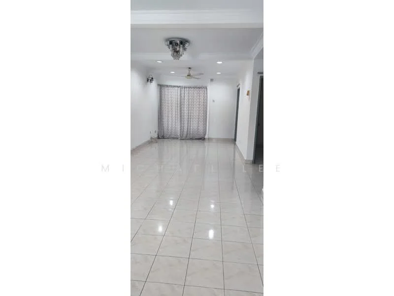 Living features: glossy ceramic tile flooring, white painted walls, recessed downlights, ceiling fan, curtains, wall-mounted light fixtures, open layout, neutral color scheme; style: modern.