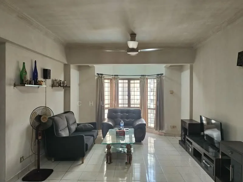 Living features: grey fabric 3-seater sofa, black fabric 2-seater sofa, glass coffee table, black TV console, wall-mounted TV, white tiled flooring, ceiling fan with light, floor-to-ceiling windows with sheer curtains, decorative wall shelf with glass bottles, wall-mounted light fixture; style: modern.