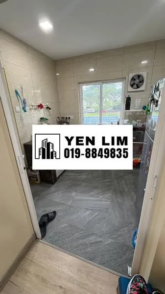 Laundry features: grey tile flooring, white painted walls, window with view to outside, stainless-steel sink, wall-mounted faucet, built-in cabinets, refrigerator, ceiling fan, washing machine, drying rack, countertop space; style: modern; view: garden.