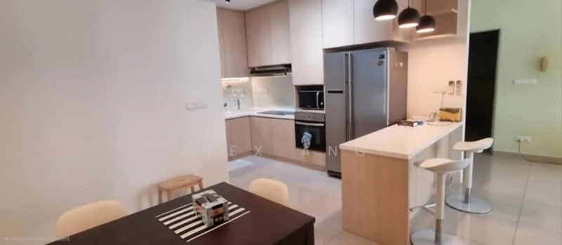 Kitchen features: white cabinetry, stainless-steel fridge, built-in oven, freestanding range oven, white quartz countertop, kitchen island with seating, pendant lighting, ceramic tile flooring, single-bowl stainless-steel sink, chrome pull-down faucet, black cabinetry, open shelving; style: modern. Dining features: 4-seater dining table, white chairs, striped table runner; style: modern.