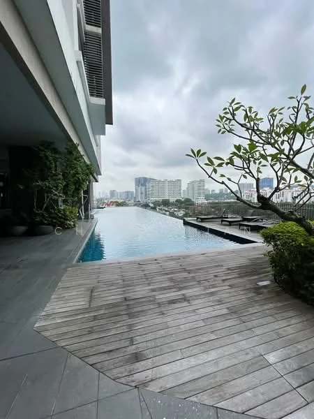 Exterior type: high-rise condominium; features: infinity pool, wooden deck, landscaped greenery, city skyline view, surrounded by mature trees, modern architectural design; style: modern.