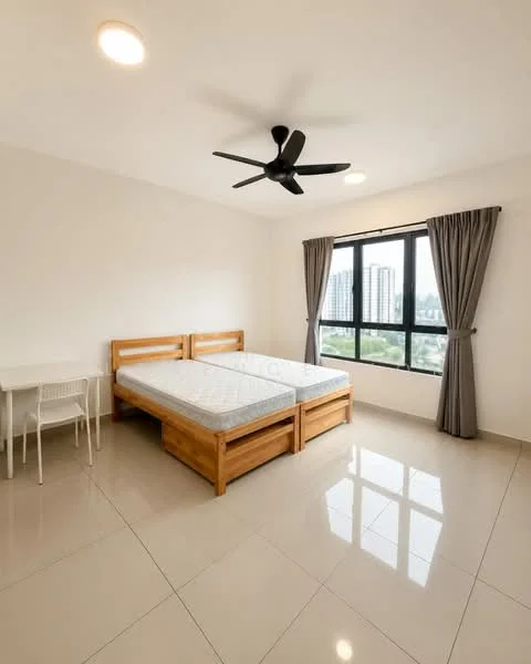 Bedroom features: queen-size bed frame, mattress, white painted walls, glossy tile flooring, 5-blade ceiling fan, floor-to-ceiling window, curtains, study desk, chair; style: modern; view: city.
