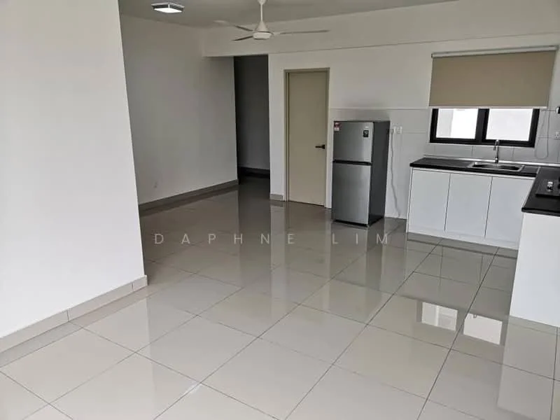 Living features: white painted walls, glossy ceramic tile flooring, ceiling fan, recessed downlights, floor-to-ceiling windows, grey countertop, white cabinetry, stainless-steel fridge; style: modern.