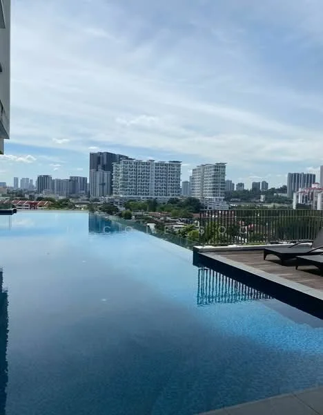 Exterior type: high-rise condominium; features: infinity pool, pool deck with loungers, city skyline view, glass railing, surrounding greenery, modern architecture; style: modern.