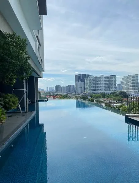 Exterior type: high-rise condominium; features: infinity pool, pool deck with loungers, city skyline view, landscaped greenery, glass railing, modern architecture; style: contemporary.