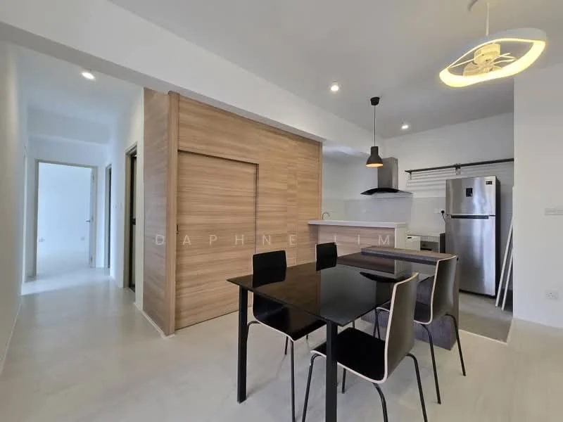 Dining features: black dining table, 4 dining chairs, pendant light, light-colored walls, laminate flooring, open layout to kitchen, wooden feature wall, refrigerator, kitchen island, stainless-steel sink, kitchen cabinetry, exposed ceiling; style: modern. Room features: light-colored walls, laminate flooring, doorway leading to hallway.
