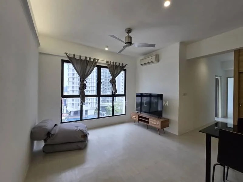 Living features: white painted walls, light wood flooring, 5-blade ceiling fan with light, floor-to-ceiling windows, sheer curtains, TV console, wall-mounted TV, decorative throw pillows, sofa, air conditioning unit; style: modern; view: city.