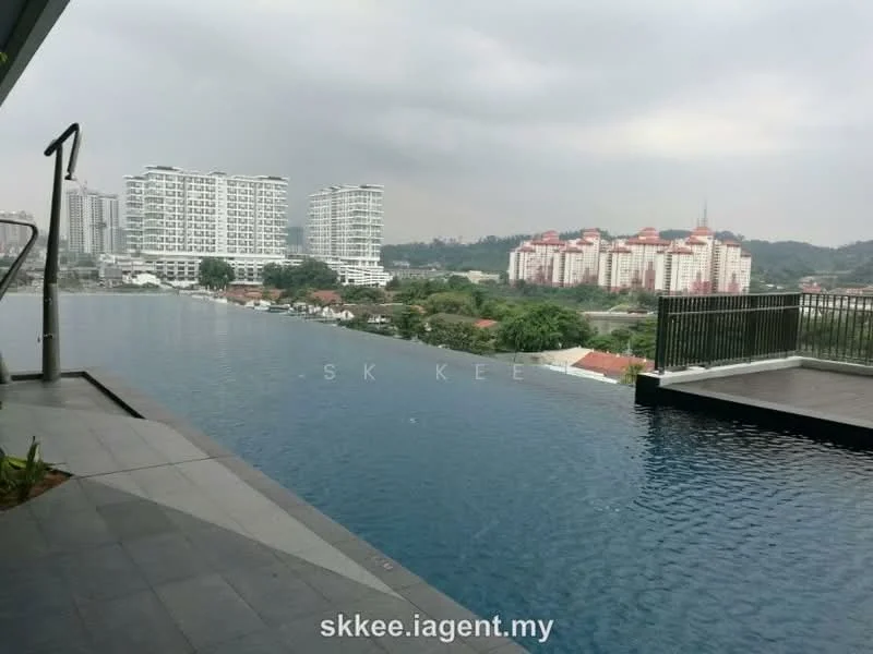 Exterior type: high-rise condominium; features: infinity pool, pool deck with loungers, surrounded by city skyline, landscaped garden area, modern architectural design, glass railing, concrete flooring, view of adjacent buildings, urban landscape, cloudy sky; style: modern.