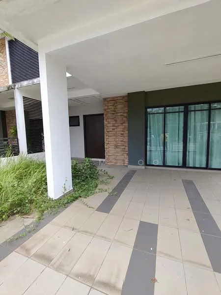 Exterior features: covered porch, stone accent wall, sliding glass doors, tiled flooring, landscaped greenery, vertical louvre screens, white painted columns; style: modern.