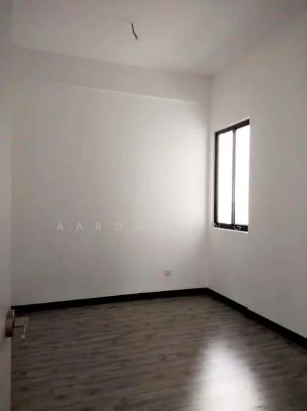 Room features: white painted walls, laminate flooring, single window, black window frame, no visible furniture, minimal decor, ceiling light fixture, neutral color scheme; style: minimalist.