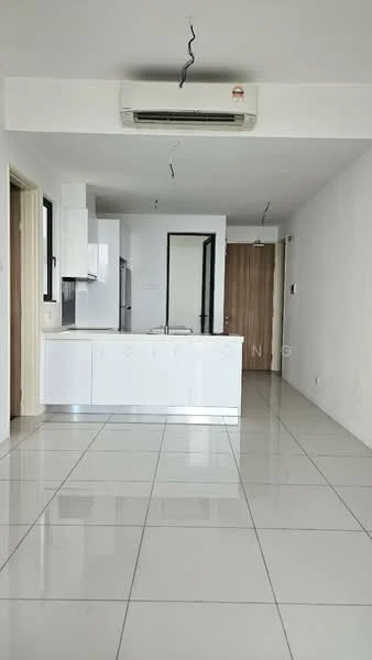 Kitchen features: white cabinetry, stainless-steel fridge, built-in oven, 4-burner gas hob, white quartz countertop, ceramic tile flooring, wall-mounted split AC, recessed downlights, open layout, island counter, floor-to-ceiling windows, neutral painted walls; style: modern.