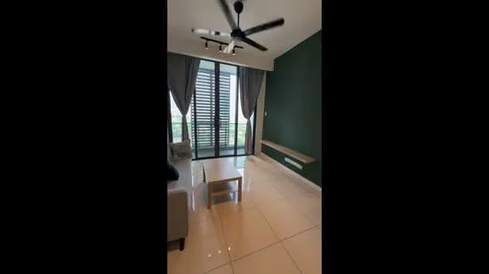 Living features: green accent wall, white painted walls, glossy tile flooring, 5-blade ceiling fan with light, floor-to-ceiling windows, sliding glass door, sheer curtains, wall-mounted air conditioning unit, wooden shelf, coffee table; style: modern; view: city.