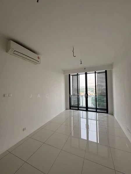 Room features: white painted walls, glossy white tile flooring, 1 wall-mounted split AC, floor-to-ceiling windows, blackout blinds, recessed downlights, exposed electrical wiring, view of greenery; style: modern; view: garden.
