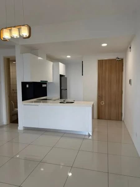 Kitchen features: white cabinetry, black backsplash, marble countertop, stainless-steel sink, chrome pull-down faucet, built-in oven, freestanding fridge, pendant lighting, tile flooring, recessed downlights, open layout, door leading to hallway; style: modern.