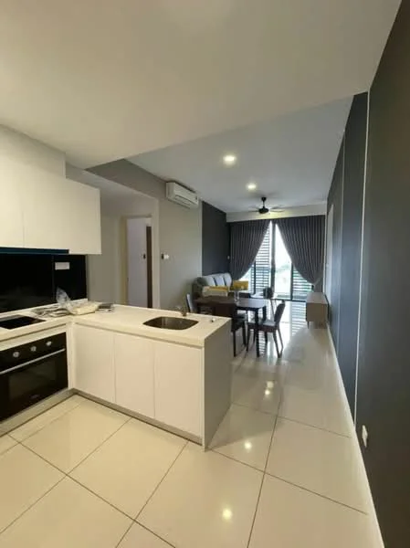 Kitchen features: white cabinetry, marble countertop, single-bowl stainless-steel sink, chrome pull-down faucet, built-in oven, stainless-steel range hood, 4-burner gas hob, recessed downlights, tile flooring, open layout to living area; style: modern; view: city. Living features: dining table with chairs, sofa, ceiling fan, floor-to-ceiling windows, curtains, light-colored walls, dark accent wall, recessed lighting; style: modern; view: city.