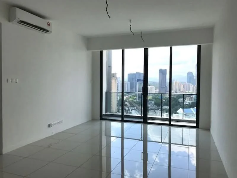 Living features: white painted walls, glossy ceramic tile flooring, floor-to-ceiling windows, sliding glass door, city view, 1 wall-mounted split AC, recessed downlights, no visible furniture; style: modern; view: city.