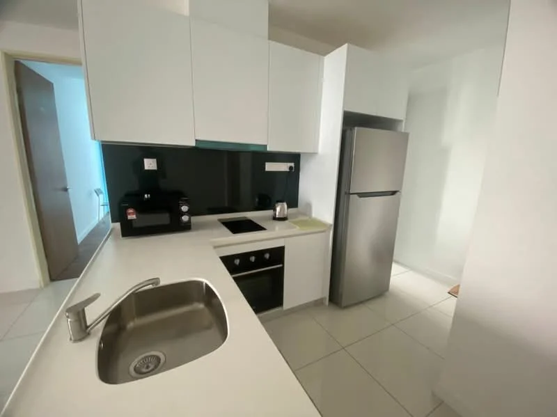 Kitchen features: white cabinetry, stainless-steel fridge, built-in oven, 4-burner electric hob, single-bowl stainless-steel sink, chrome pull-down faucet, black backsplash, white countertop, kettle, coffee machine, tile flooring, recessed downlights; style: modern.