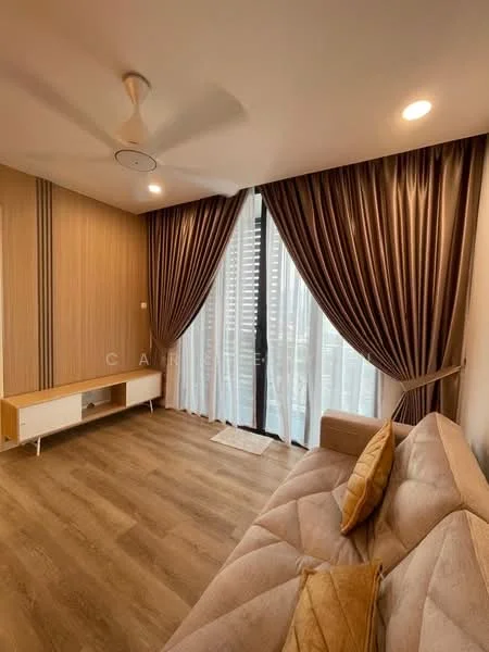 Living features: 3-seater fabric sofa in beige, wooden TV console with white finish, floor-to-ceiling windows, sheer curtains, dark brown curtains, wooden flooring, ceiling fan, decorative cushions, wall with wood paneling, recessed downlights; style: modern; view: city.