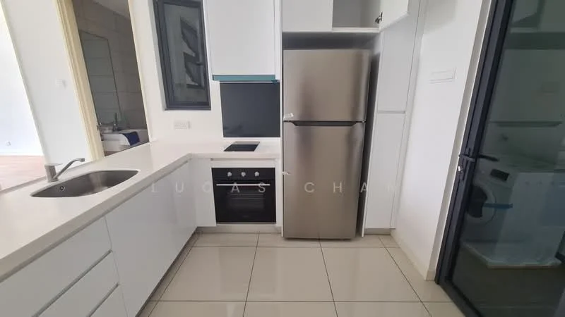 Kitchen features: white cabinetry, stainless-steel fridge, built-in oven, ceramic cooktop, white countertop, tile backsplash, single-bowl stainless-steel sink, chrome pull-down faucet, recessed downlights, large window, grey tile flooring; style: modern.