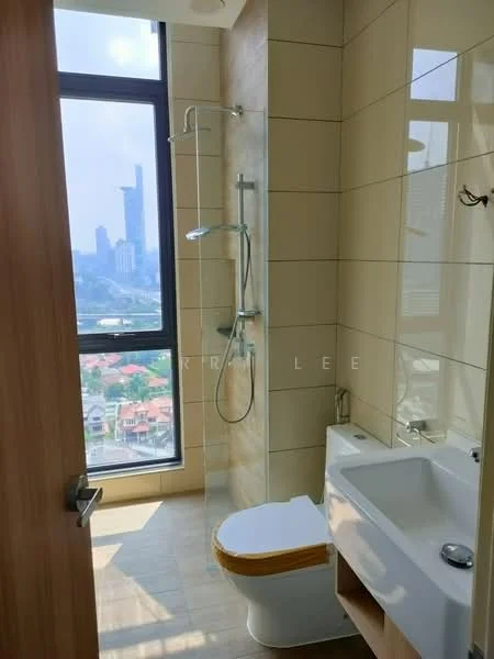 Bathroom features: glass shower enclosure, rain shower head, handheld shower, white ceramic toilet, single-sink vanity with white cabinet, chrome basin mixer, large window with city view, cream tiled walls, light-colored flooring; style: modern; view: city.