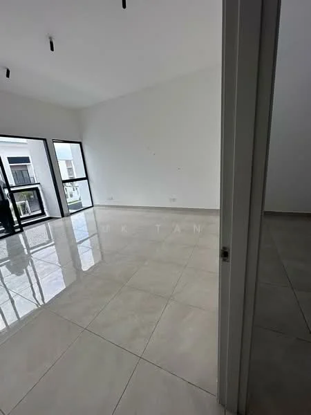 Room features: white painted walls, glossy tile flooring, floor-to-ceiling windows, sliding glass door, high ceiling, recessed downlights, open space layout; style: modern.