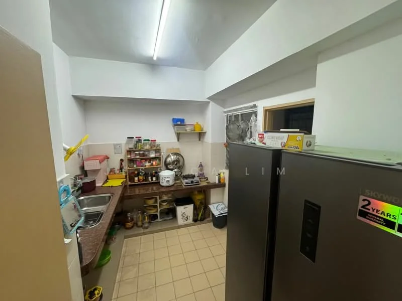 Kitchen features: double-bowl stainless-steel sink, chrome pull-down faucet, granite countertop, wood cabinetry, wall-mounted shelves, ceramic tile flooring, refrigerator, stove, kitchen utensils, food storage containers, window with security grille, overhead fluorescent lighting.