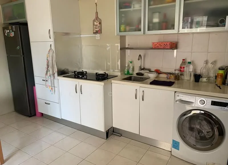 Kitchen features: white cabinetry, stainless-steel refrigerator, built-in gas hob with two burners, single-bowl stainless-steel sink, chrome pull-down faucet, washing machine, glass splashback, ceramic tile flooring, countertop with light-colored surface, open shelving, various kitchen utensils and bottles, wall-mounted storage for kitchen tools; style: modern.