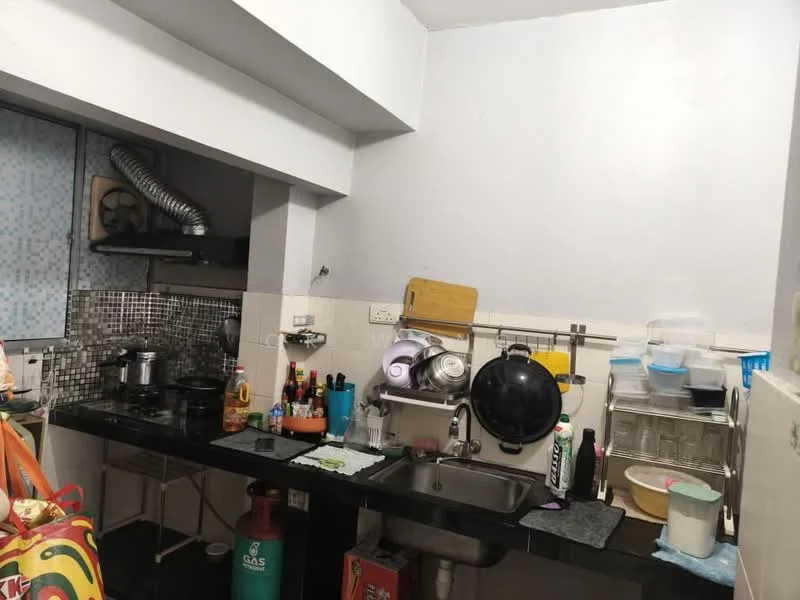 Kitchen features: black granite countertop, single-bowl stainless-steel sink, chrome pull-down faucet, gas stove with 2 burners, metal exhaust hood, wall-mounted storage shelves, dish rack, various kitchen utensils, plastic containers, kitchen towels, floor tiles with a patterned design, white tiled backsplash; style: modern.
