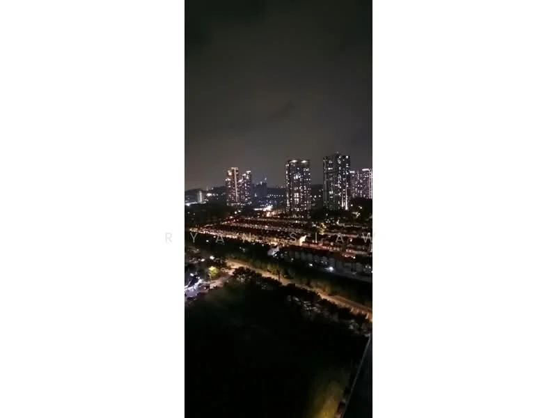 Exterior type: high-rise condominium; features: city skyline view, night lighting, surrounded by urban landscape, visible roadways, multiple high-rise buildings, green spaces below; style: modern.