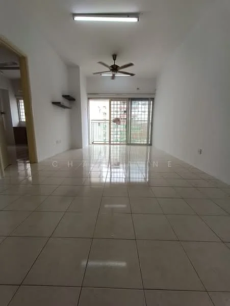 Living features: white painted walls, glossy ceramic tile flooring, 5-blade ceiling fan with light, sliding glass door, balcony view, built-in shelves, recessed lighting, large windows, open layout; style: modern; view: garden.