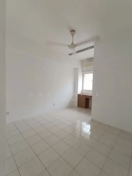 Room features: white painted walls, tile flooring, ceiling fan, window with blinds, air conditioning unit, built-in desk area; style: minimalist.