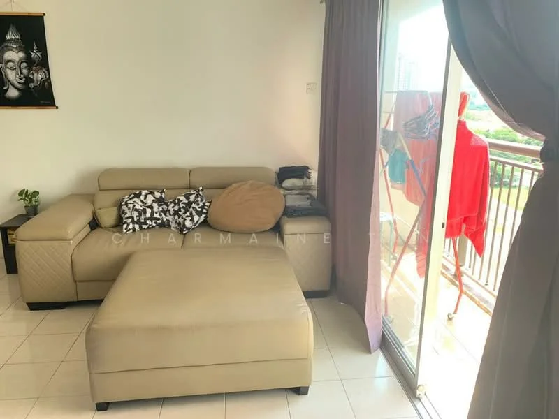 Living features: beige leather sectional sofa, decorative throw pillows, ottoman, white tiled flooring, floor-to-ceiling sliding glass door, curtains, wall-mounted artwork, indoor plant, clothes drying rack, view of balcony; style: modern; view: garden.