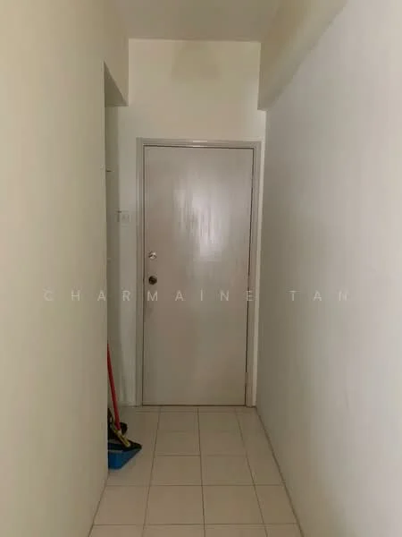 Hallway features: white painted walls, tile flooring, single wooden door, light fixture on ceiling, clean and minimal decor; style: minimalist.
