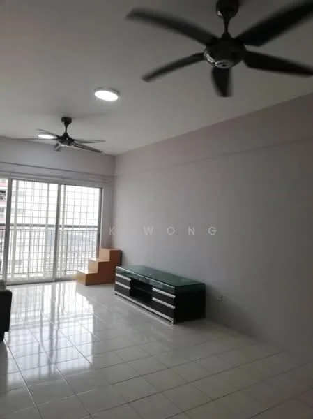 Living features: white painted walls, glossy white tile flooring, 2 ceiling fans, large sliding glass door, floor-to-ceiling windows, TV console, natural light from windows, open layout; style: modern; view: city.