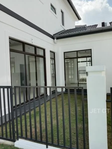 Exterior type: detached bungalow; features: white painted facade, flat roof, large glass windows, metal railing, manicured lawn, paved walkway, outdoor space, surrounded by greenery; style: modern.