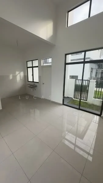 Room features: white painted walls, high ceiling, large windows, floor-to-ceiling windows, sliding glass door, porcelain tile flooring, wall-mounted split AC, natural light from windows, view of outdoor space; style: modern; view: garden.