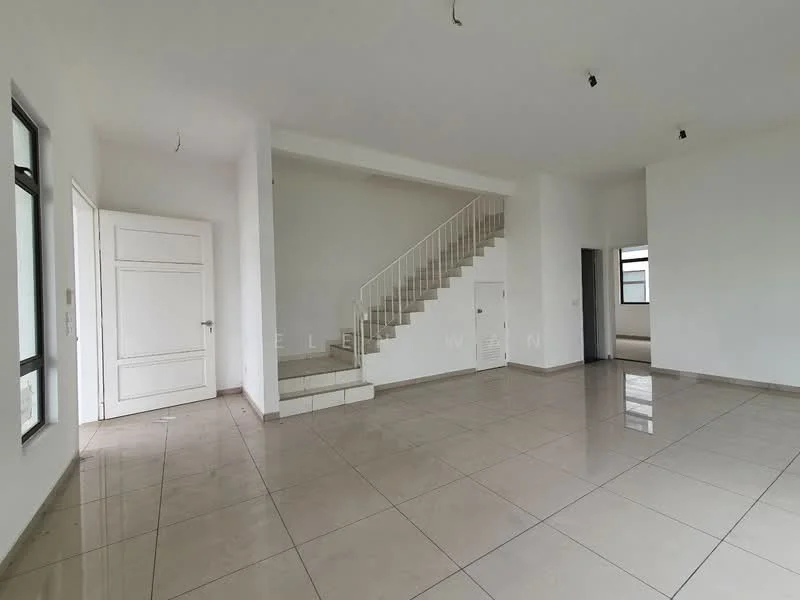 Room features: white painted walls, glossy ceramic tile flooring, staircase with white railing, large windows allowing natural light, door leading to another room, door leading outside, ceiling lights, neutral color scheme; style: modern.