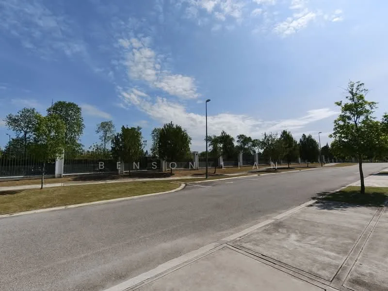 Exterior features: street view, manicured lawn, mature trees, paved walkway, signage with 'BENSON LAN', clear blue sky, sidewalk, street lighting; style: modern.