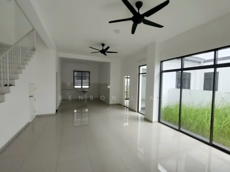 Living features: white painted walls, polished ceramic tile flooring, 2 ceiling fans, large floor-to-ceiling windows, sliding glass door, natural light, open layout, view of greenery; style: modern; view: garden. Kitchen features: white painted walls, polished ceramic tile flooring, kitchen counter, wall-mounted cabinets, sink area, natural light; style: modern.