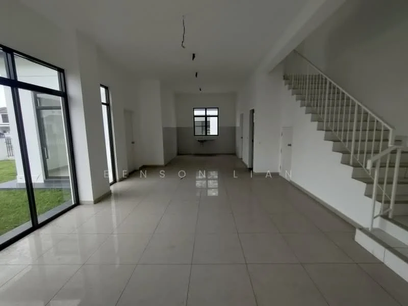 Room features: white painted walls, tile flooring, large floor-to-ceiling windows, staircase with metal railing, high ceiling, neutral color scheme, open layout, natural light from windows, doorway to adjacent room, window with view of garden, no visible furniture; style: modern; view: garden.