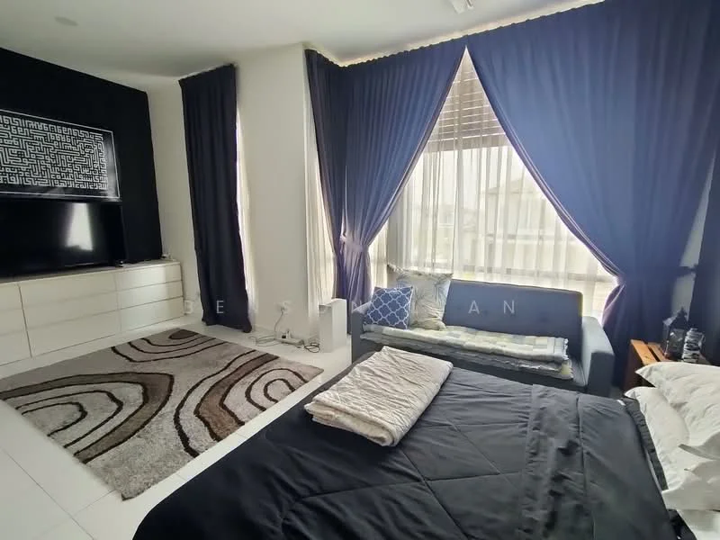 Bedroom features: black bedding, white pillows, grey area rug with abstract pattern, floor-to-ceiling windows, dark blue curtains, white dresser with drawers, wall-mounted TV, sofa in grey, decorative cushions, white walls, tile flooring; style: modern.