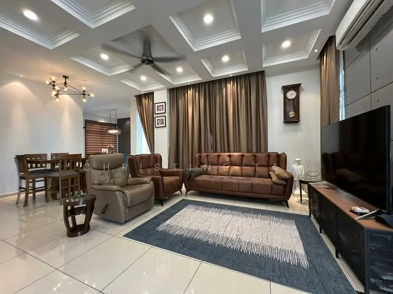 Living features: 3-seater leather sofa in brown, 2-seater leather sofa in brown, coffee table, TV console, wall-mounted TV, area rug with geometric pattern, ceiling fan with light, recessed downlights, crown moulding, floor-to-ceiling windows with sheer curtains, decorative wall clock, wooden dining table with 4 chairs, wooden side table; style: modern.