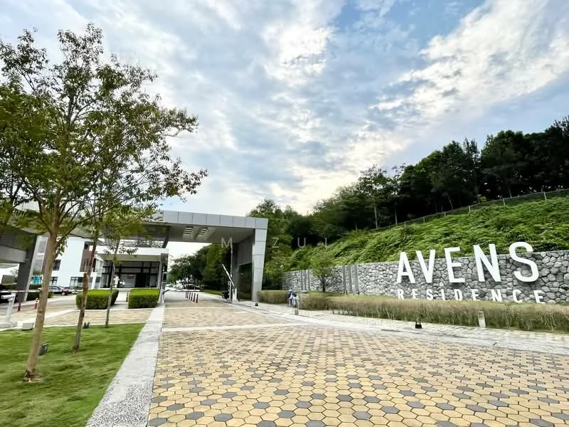 Exterior type: residential complex; features: landscaped garden, paved walkway with hexagonal tiles, signage with 'AVENS RESIDENCE', manicured lawn, trees lining the entrance, modern architectural design, gated entry, surrounded by greenery; style: modern.