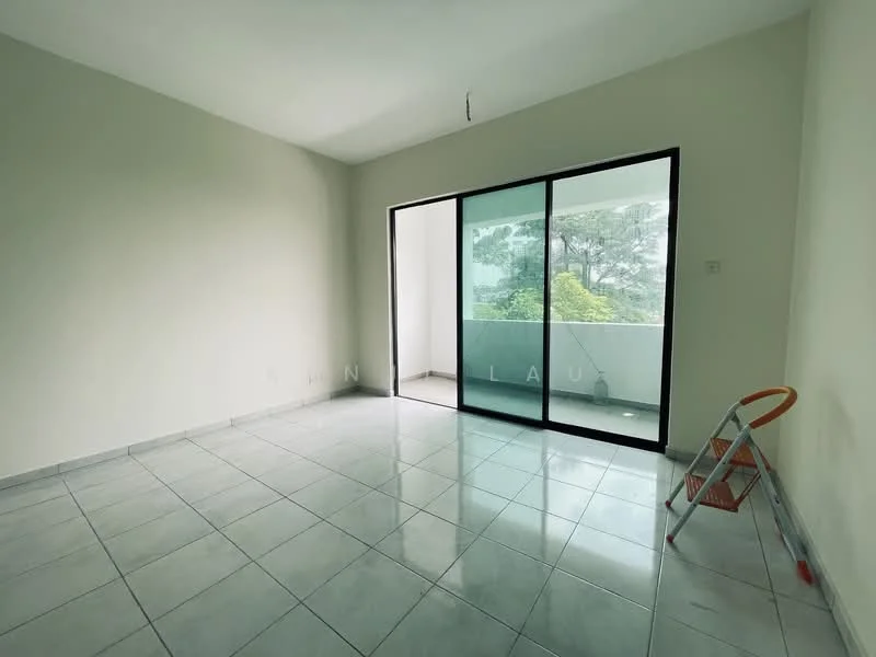 Room features: white painted walls, grey tiled flooring, floor-to-ceiling sliding glass door, balcony view, no visible ceiling fixtures, empty space, no furniture, natural light from sliding door; view: garden.