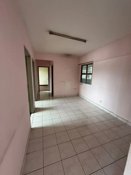 Room features: pink painted walls, white tiled flooring, fluorescent ceiling light, window with metal grille, doorway leading to another room, doorway leading outside.