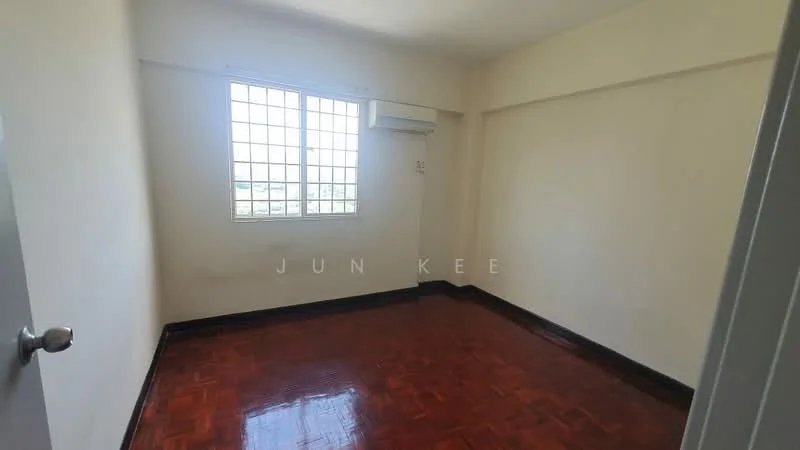 Bedroom features: wooden flooring, white painted walls, window with grid pattern, wall-mounted split AC, single light fixture, no visible furniture; view: city.